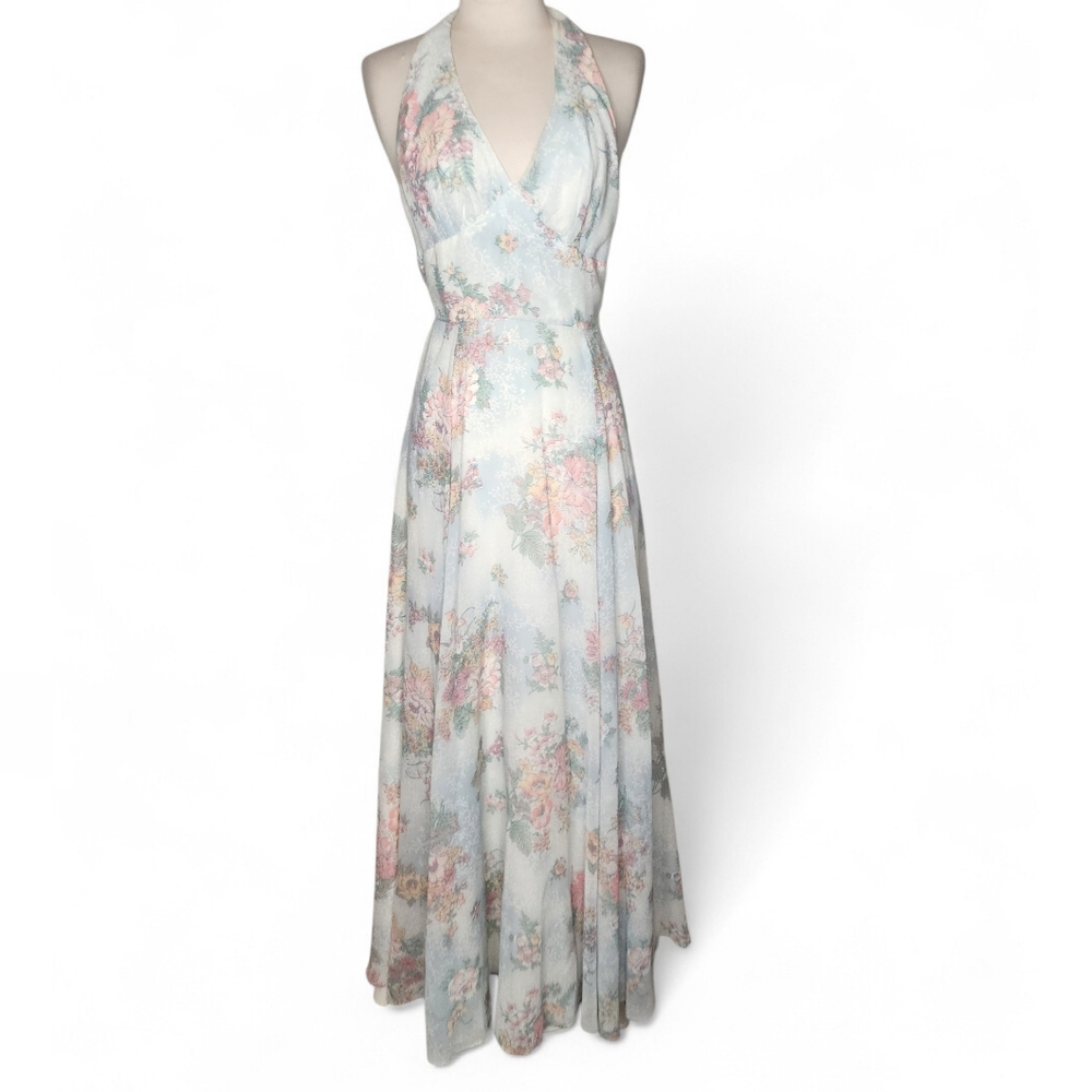 1970s Floral Print Vintage Halter Dress in Light Blue Size 5